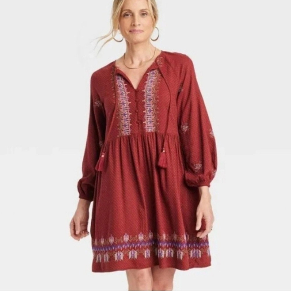 NWT Knox Rose Cranberry Embroidered Peasant Boho Dress Cottagecore ‎ Indie M